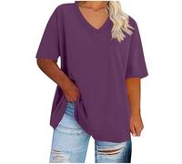 T-shirt surdimensionné pour femme - Grande taille - Col en V - Manches courtes - Couleur unie - Coupe ample - Pull basique - Pour la plage, les vacances, la gym, A003 Violet, 28