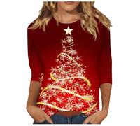 T-shirt surdimensionné pour femmes 2024 Europe et États-Unis Noël Halloween femmes manches longues col rond t-shirt pull chaud femmes, Rouge pastèque, S
