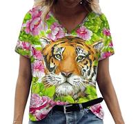 T-shirt tendance à col en V avec animaux chat tigre graphique imprimé 3D T-shirt d'été à manches courtes surdimensionné, # 19, XXL