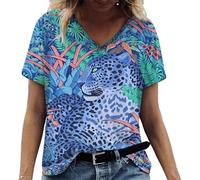 T-shirt tendance à col en V avec animaux chat tigre graphique imprimé 3D T-shirt d'été à manches courtes surdimensionné, # 15, XXL