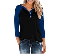T-shirt tendance à manches raglan pour femme - Longueur trois quarts - Col contrasté - Chemisier décontracté doux et respirant - Pour tous les jours - Coupe moderne, bleu, XL
