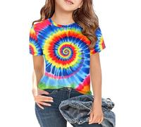 T-shirt tendance et décontracté avec imprimé lettres, col rond, manches courtes, pour le quotidien, l'école, l'extérieur, le printemps, multicolore, 8-9 ans