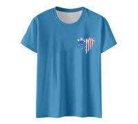 T-shirt tendance pour femme avec col rond et drapeau du jour de l'indépendance, imprimé deux lettres, manches courtes, 1 short en tissu pour femme, bleu ciel, M