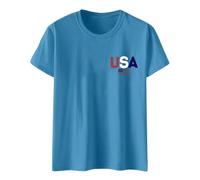 T-shirt tendance pour femme avec col rond et drapeau du jour de l'indépendance, imprimé deux lettres, manches courtes, haut noir pour femme sexy, bleu ciel, S