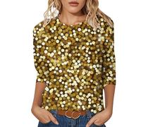 T-shirt tendance pour femme avec col rond et manches trois-quarts pour une élégance décontractée, jaune, L