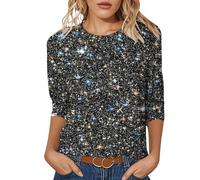 T-shirt tendance pour femme avec col rond - Manches trois-quarts pour une élégance décontractée, bleu, 3XL