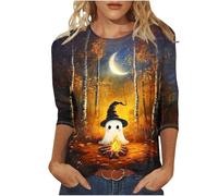 T-shirt tendance pour femme, avec col rond, manches trois-quarts, pour une utilisation quotidienne avec un design imprimé décoratif, Noir , S