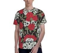 T-shirt tendance pour homme avec imprimé tête de mort et rose rouge, parfait pour les occasions décontractées et semi-formelles, Noir , XL
