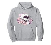 T-Shirt tête de Mort avec Fleurs et Roses pour Femmes, Filles, Hommes Sweat à Capuche, Unisexe pour Adultes, Gris Chiné, L