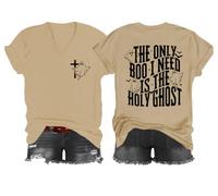 T-shirt « The Only Boo I Need is The Holy Ghost », chemise Saint-Esprit, imprimé graphique classique, t-shirt à col en V pour femmes et hommes, kaki, 3XL