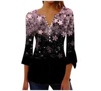 T-shirt tortue pour femme 2025 imprimé tendance à manches longues et col en V T-shirt décontracté ample en dentelle, Noir , M