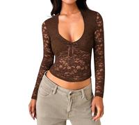 T-shirt transparent à manches longues en dentelle florale pour fête, chemisiers élégants et transparents, sexy et col en V, chemisier élégant en maille décontractée, t-shirt See Through Tops noir