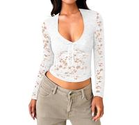 T-shirt transparent à manches longues en dentelle florale pour fête, chemisiers élégants et transparents, sexy et col en V, chemisier élégant en maille décontractée, t-shirt See Through Tops noir