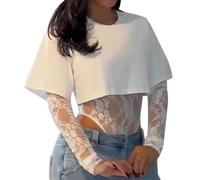 T-shirt transparent à manches longues en dentelle pour femme, chemisier élégant et sexy en maille, col rond, chemisier élégant et transparent en maille filet, blanc, XS