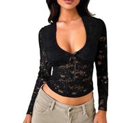T-shirt transparent à manches longues et élégant avec dentelle florale en maille et col en V pour femme, Noir , XL