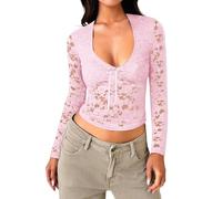T-shirt transparent à manches longues et élégant avec dentelle florale en maille et maille pour femme, rose, XS