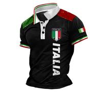 T-shirt tricolore pour homme - Drapeau italien 2025 - Motif drapeau italien - Imprimé - Maillot de football - Chemise d'été à manches courtes avec col en V - Coupe droite - T-shirt de sport boutonné