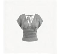 T-shirt tricoté polyvalent pour femmes, col V profond devant et derrière, réversible, taille cintrée, dos froncé, manches reliées aux épaules, top pour tous les jours L,M,S,XL,XS,XXSUnicoloreTissu tri