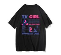 T-Shirt TV Girl “Who Really Cares” Vintage | Merch Indie Pop Rétro, Coton Manches Courtes Unisexe, Graphique Esthétique des Paroles-Black||x_l