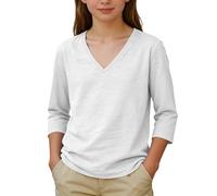 T-shirt uni à col en V pour filles à manches 3/4 en coton et lin pour enfants, garçons, t-shirt ample et décontracté pour les vacances, l'école, chemisier basique, blanc, 3-4 ans