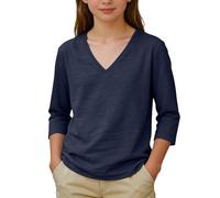 T-shirt uni à col en V pour filles à manches 3/4 en coton et lin pour enfants, garçons, t-shirt ample et décontracté pour les vacances, l'école, chemisier basique, bleu marine, 6-7 ans