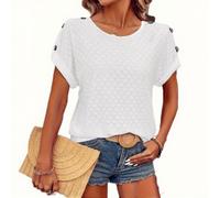 T-shirt uni à col rond pour femme Fermeture à double bouton (blanc, XL)