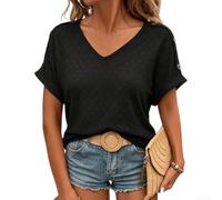 T-shirt uni à col rond pour femme, fermeture à double bouton (noir, taille