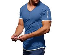 T-shirt uni à manches courtes pour homme avec col en V extra profond - Coupe ajustée - Col en V - Extensible - Couleur unie - Haut basique décontracté - Chemisier d'été - Bas de corps, X-1 bleu clair,