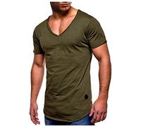 T-shirt uni à manches courtes pour homme avec col en V extra profond - Coupe ajustée - Col en V - Extensible - Couleur unie - Haut basique décontracté - Chemisier d'été - Bas de corps, Vert