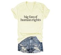 T-shirt unisexe avec col en V et inscription « Big Fan of Human Rights », Jaune crème-1, XL