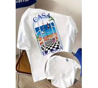 T-shirt unisexe décontracté à col rond et manches courtes, style esthétique Y2K, motif architectural, streetwear neutre pour l'été, Casablanca j32-white