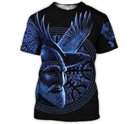 T-Shirt Viking Raven for Homme, Mythologie Nordique Odin Crow Tattoo Pullover Tee Nouveauté Impression 3D À Manches Courtes, Costume de Cosplay de Sport Décontracté en Plein Air