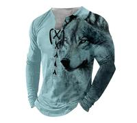 T-Shirt Vintage à col en V et à Lacets pour Hommes Top à Manches Longues à Motif de Loup Animalier Chemises Henley à Manches Longues Tee-Shirt Tactique d'extérieur