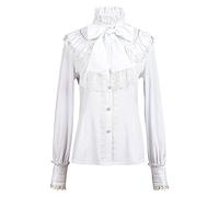 T Shirt Vintage Femme Col Jabot, Chemise Médiévale Femme Couleur Unie Manches Lanternes Ruché Top Gothique Renaissance Victorien Haut Carnaval Steampunk Palais Cosplay Halloween Fête Festival