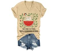 T-shirt vintage « No One is Free Until Everyone is Free » - Motif pastèque, Col en V Khika, XL