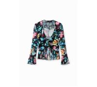 T-shirt volants fleurs femme Desigual - noir/bleu - XL L