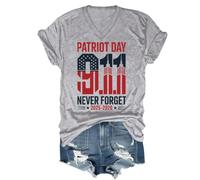 T-shirt « We Will Never Forget 9/11 », chemise de fête nationale du souvenir, Never Forget 9-11 Shirts Femme Homme, Gris (col en V), 3XL