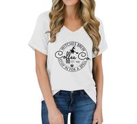 T-shirt « Witches Brew Coffee » - T-shirt d'Halloween pour femme - Col en V, blanc, S