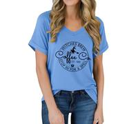 T-shirt « Witches Brew Coffee » - T-shirt d'Halloween pour femme - Col en V, Bleu (Carolina blue), M