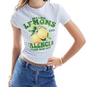 T-shirt Y2k à carreaux pour femme, imprimé lettre citron, col rond, manches courtes, extensible, streetwear d'été, A-bleu ciel., L