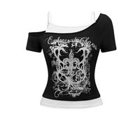 T-shirt Y2k pour femme Emo Grunge Chemises graphiques des années 2000 Faux Deux pièces à manches courtes Vintage Y2k Crop Top Goth Alt Vêtements, Noir , S