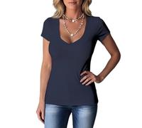 T-shirts à col en V profond pour femme - Coupe ajustée | Hauts basiques à manches courtes sexy d'été tendance pour sortir | pour les loisirs, gris foncé, 4XL