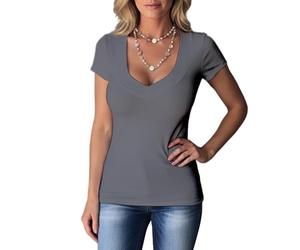 T-shirts à col en V profond pour femme - Coupe ajustée | Hauts basiques à manches courtes sexy d'été tendance pour sortir | pour les loisirs, gris, 4XL