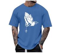 T-shirts à col rond à manches courtes pour homme - Couleur unie - Avec impression mains en prière - Léger et aéré - T-shirt d'entraînement décontracté - Style urbain, bleu, XL