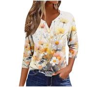 T Shirts À Manches 3/4 Mode Col V T-Shirt Femmes Tendance Imprimé Floral Ample Tunique Blouse Elégante Mode avec Boutons Chemise Femme Chic et élégant Tops Sport de Plage Décontractés