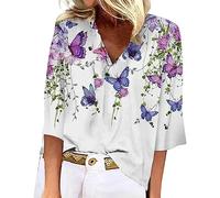 T-shirts à manches 3/4 pour femmes été femmes col en V dentelle Crochet Flowy manches 3/4 chemises décontractées chemisiers hauts Hauts Grande Taille Pour Femmes T-shirts Manches (6-Purple, XL)