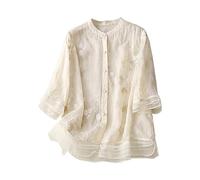 T-Shirts à Manches 3/4 pour Femmes Vintage Chemise en Coton et Lin Col Rond Blouses Chic et Élégant Couleur Unie Décontracté Fermeture Boutonnée Hauts Confortable Ample Tunique Tops D'été Automne