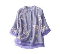 T-Shirts à Manches 3/4 pour Femmes Vintage Chemise en Coton et Lin Col Rond Blouses Chic et Élégant Couleur Unie Décontracté Fermeture Boutonnée Hauts Confortable Ample Tunique Tops D'été Automne