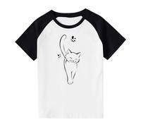 T-Shirts à Manches Courtes Enfant 3-14 Ans Garcon Fille Hauts d'été Décontractée Jolie Mignon Tees Graphique Cadeau - Tenues pour Adolescent Couleur de Contraste Imprimé Chat