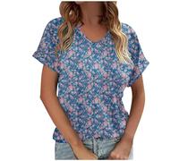 T-Shirts à Manches Courtes Femme Chemisier Femme Chic et Élégant Imprimé Fleuri Tee Shirt Femme Col V Décontractés Boheme Haut pour Sortir Vacances Tops à La Mode Loisirs Quotidiennes Ample Mode